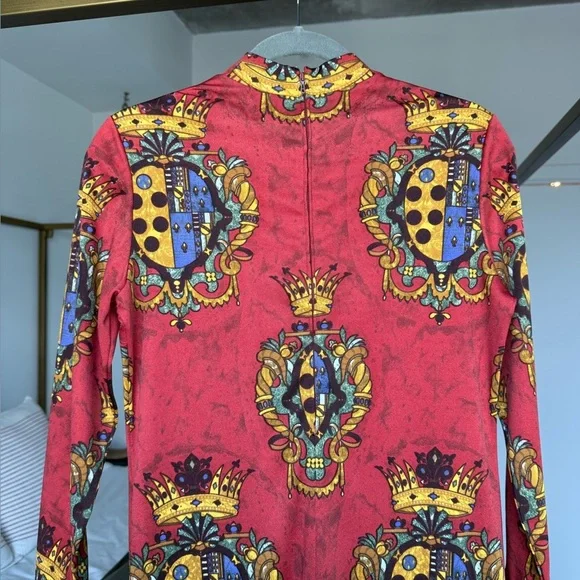Vintage 90s Red Baroque Crest Maxi Dress Mock Neck Long Sleeve Slit Size S M - Picture 7 of 7